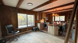 image of kitchen with rusted corrugated walls